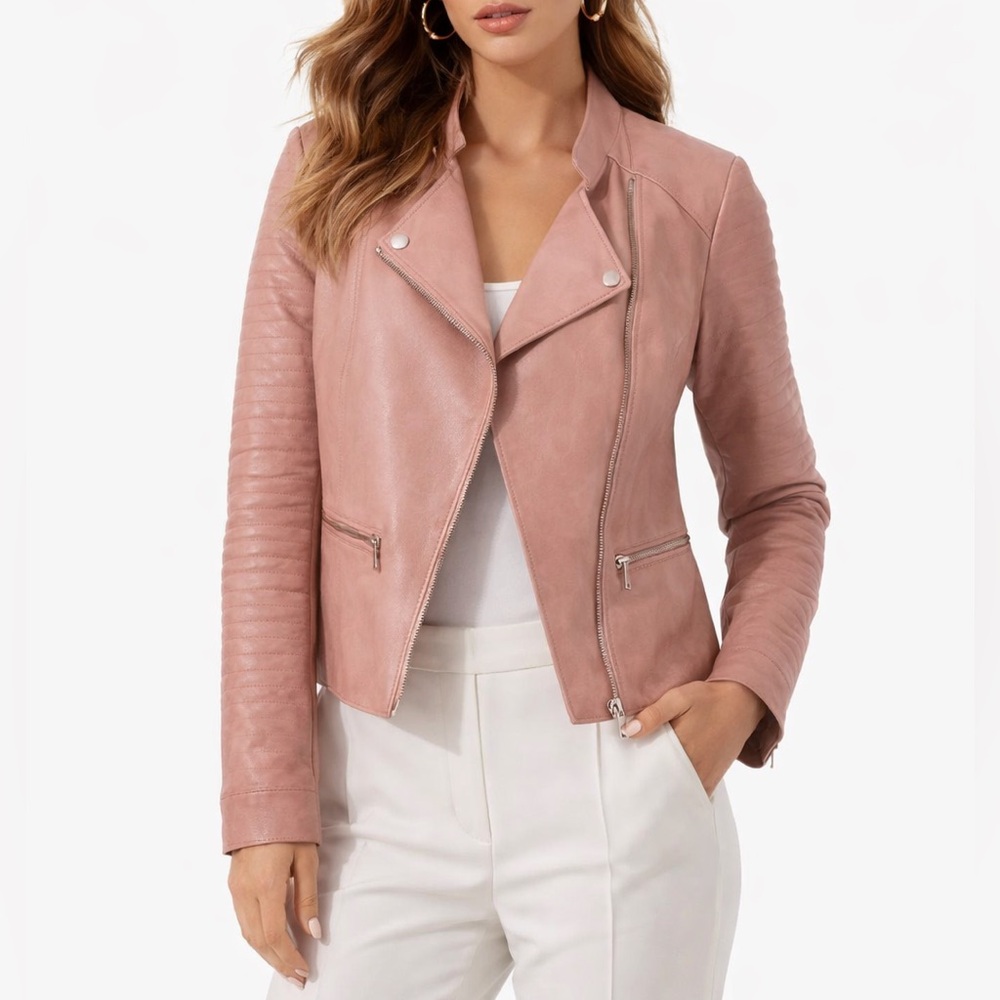 EUC Moto-Inspired Blush Pink
Faux Leather Jacket w/ Assymetrical
Zipper Sz Small